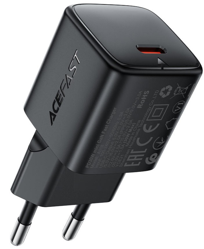 Зарядное устройство сетевое ACEFAST A118 Fast PD 30W GaN USB-C Wall Charger EU. Цвет: черный AF-A118-BK