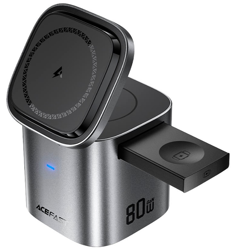 Зарядное устройство сетевое ACEFAST Z9 GaN Desktop Fast Wireless Charging Station For Phone, TWS Headset, Smart Watch с выдвижным кабелем 60W USB-C. Ц AF-Z9-BK