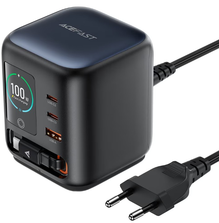 Зарядное устройство сетевое ACEFAST Z10 настольное Desktop Power Station GaN PD 100W 3xUSB-C&USB-A With Retractable USB-C Cable And TFT Display EU. Цв AF-Z10-BK
