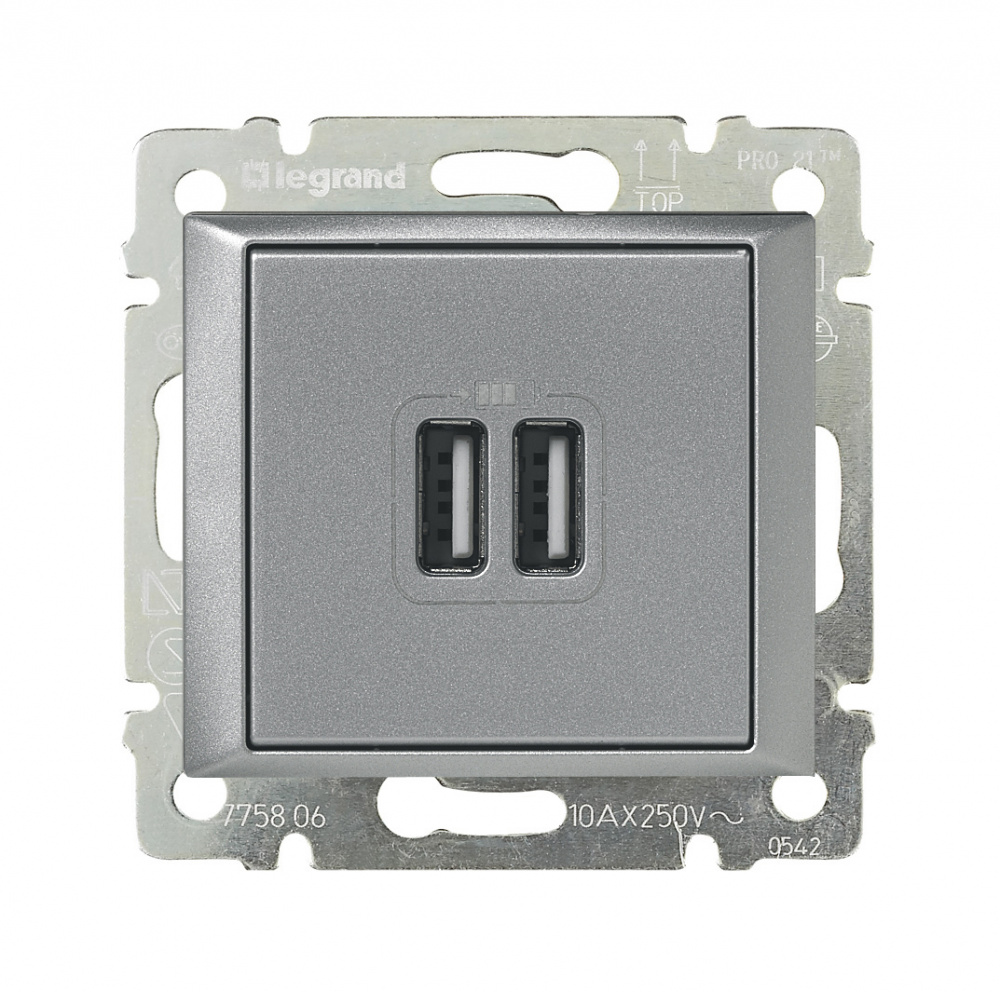 Зарядное устройство Legrand 770270 Valena CLASSIC - с 2-мя коннекторами USB, 1500 мА, алюминий