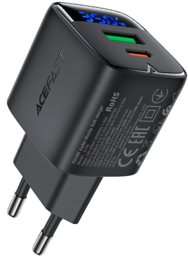 Зарядное устройство сетевое ACEFAST A116 Fast Wall PD 35W GaN 1*USB-A&1*USB-C Charger с цифровым LED экраном EU. Цвет: черный AF-A116-BK