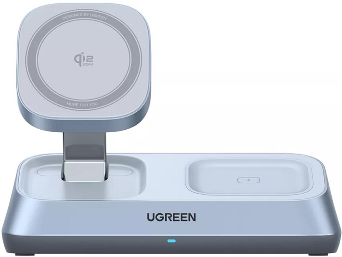 Зарядное устройство беспроводное UGREEN W711 55677_ "MagFlow" Desktop 3-in-1 Magnetic Wireless Charger 25W QI2.2. Цвет: серебристо-голубой