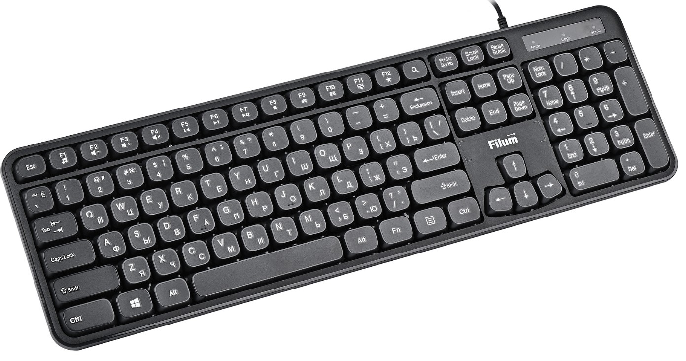 Клавиатура проводная Filum FL-KB05-BK черная, USB 105 кл., мембранная, Windows XP/Vista/7/8/10, MacOS длина провода: 1,8м