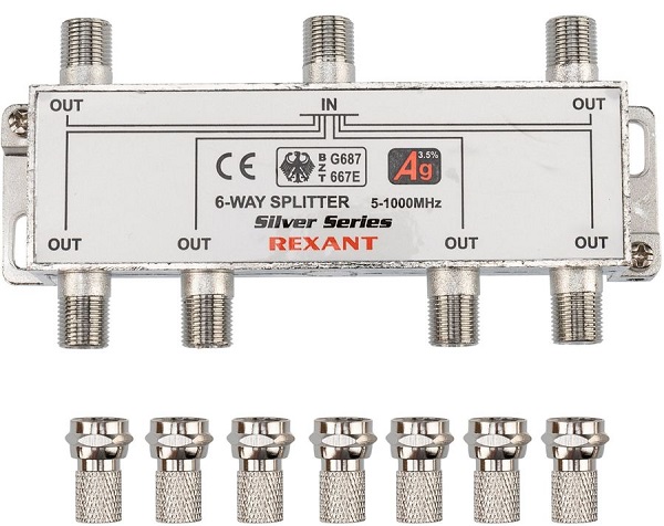 Сплиттер Rexant 05-6104 ТВ "краб" x 6 + 7шт. F "BOX" 5-1000 МГц "Silver"