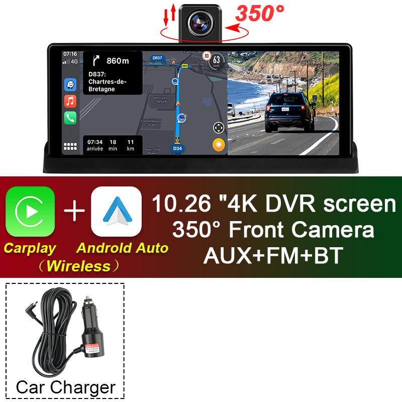 10,26-дюймовый автомобильный видеорегистратор 4K-камера Беспроводная Carplay Android auto Ai-экран Приборная панель Видеорегистратор Двойной объектив GPS-навигация Видеорегистратор AUX NO TF card gray Auto Accessories Home