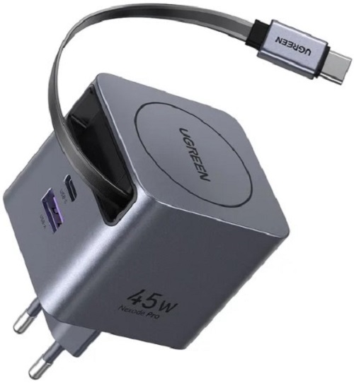 Зарядное устройство сетевое UGREEN X614 65822_ с выдвижным кабелем 45W GaN Fast Charger USB-C&USB-A with Retractable Cable USB-C. Цвет: серый космос