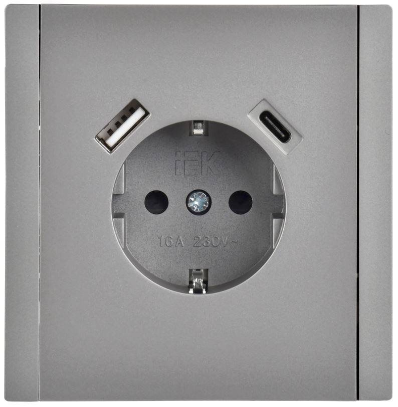 Розетка с заземлением с 2 USB IEK FP-R14-16-U22-018-K46 FORTE&PIANO с защитными шторками в/к 16А тип A+тип C 18Вт FP547 сталь
