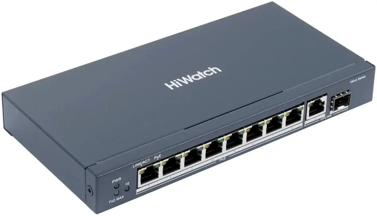 Коммутатор HiWatch DS-S1008GP сетевой неуправляемый 8 RJ45 1000M PoE портов, 1 Uplink порт 1000М Ethernet