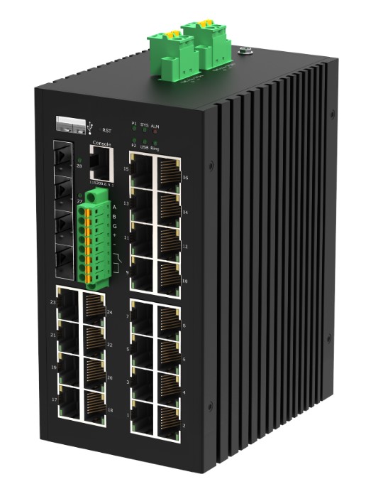 Коммутатор управляемый GIGALINK GL-SW-G207-24P4ST-I промышленный L2+, 24*10/100/1000Мбит/с PoE (af/at), 4*1/2.5/10Гбит/с SFP+, Крепление на DIN-рейку, NikoMax