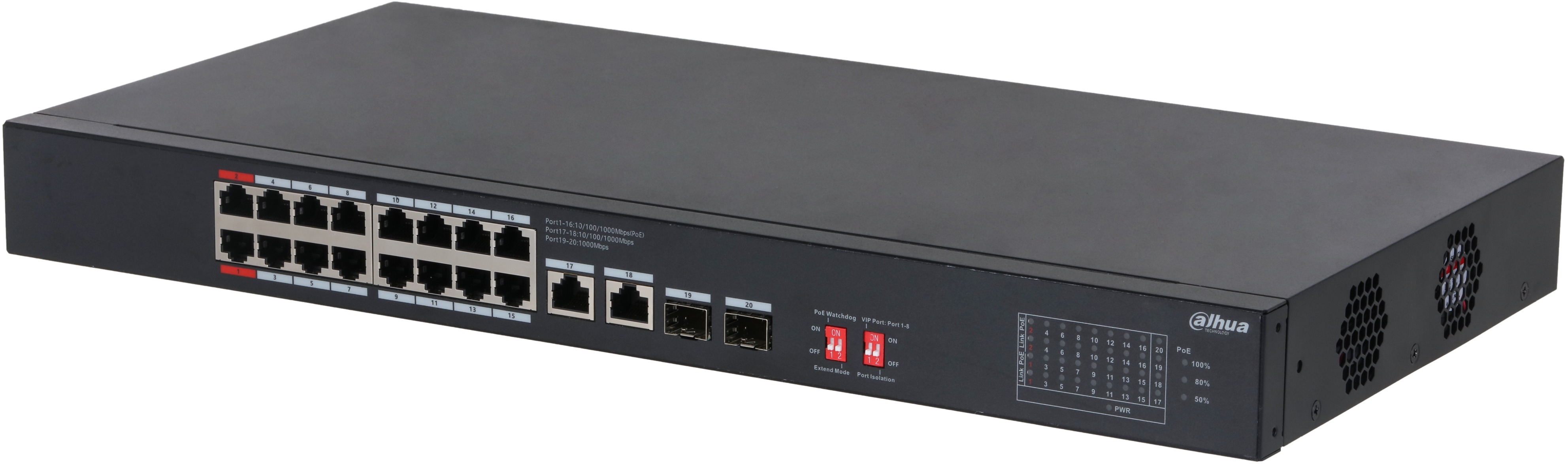 Коммутатор Dahua DH-S3220-16GT-190 16-портовый неуправляемый гигабитный с PoE, уровень L2