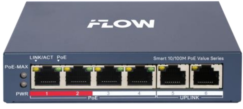 Коммутатор настраиваемый iFlow F-SW-EM206POE-VM/L 4 RJ45 10/100M PoE с грозозащитой 6кВ, 2 10/100М Ethernet порт, 802.3af/at, бюджет PoE 45Вт