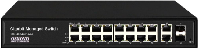 Коммутатор OSNOVO SW-71802/L Gigabit Ethernet управляемый на 18*RJ45 + 2*GE SFP, 18xGE (10/100/1000 Base-T), 2xGE SFP (1000 Base-X)
