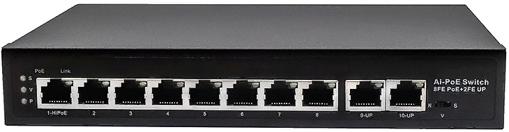 Коммутатор PoE NST NS-SW-8F2F-P Fast Ethernet на 10 RJ45 портов. Порты: 8 x FE (10/100 Base-T) с поддержкой PoE (IEEE 802.3af/at), 2 x FE (10/100 Base
