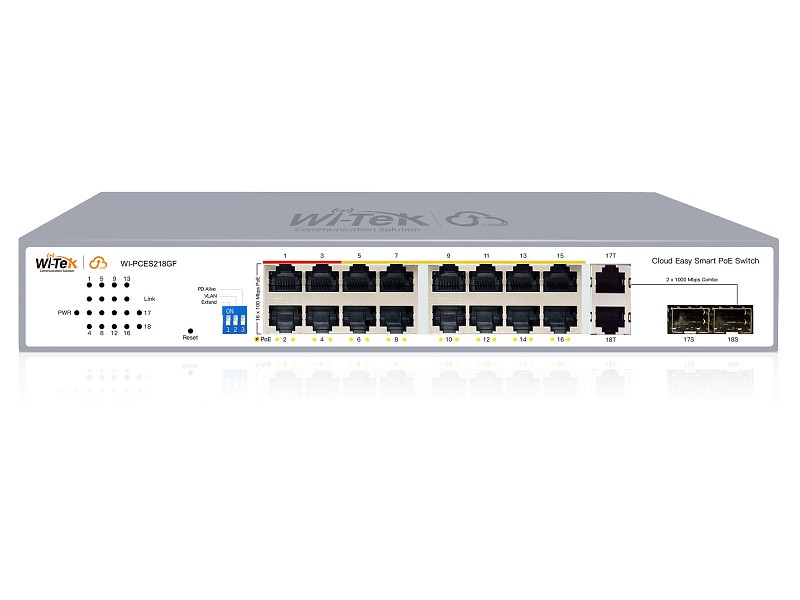 Коммутатор настраиваемый Wi-Tek WI-PCES218GF PoE 250Вт, порты 16FE PoE + 2SFP, Easy Smart