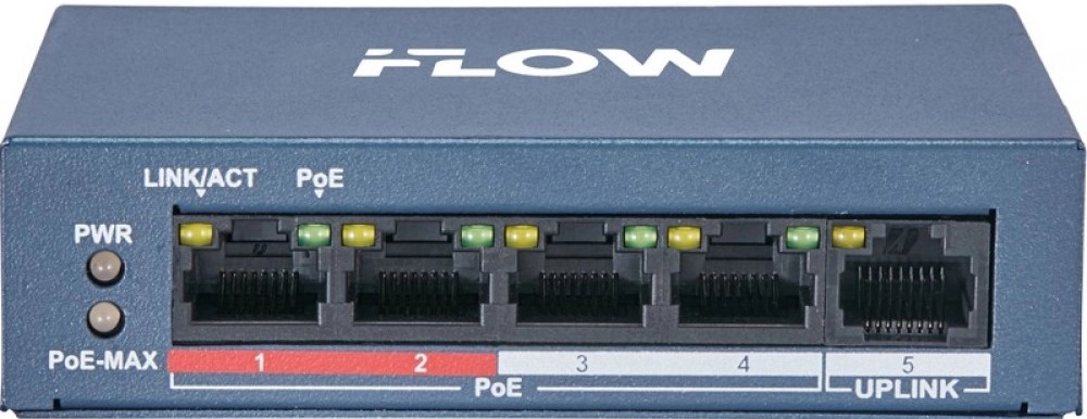 Коммутатор неуправляемый iFlow F-SW-EU205POE-V/L 4 RJ45 10/100M PoE с грозозащитой 6кВ, 1 Uplink порт 100М Ethernet: бюджет PoE 35Вт