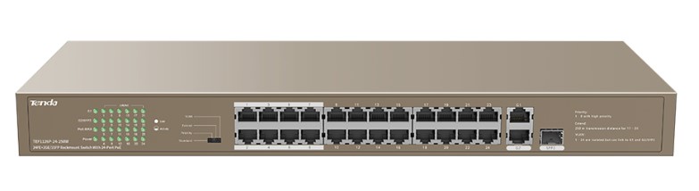Коммутатор неуправляемый Tenda TEF1126P-24-250W Layer 1, 8-PoE, 1-1GbE, 24-10/100Mb, 1-combo-1GbE, в стойку, серый