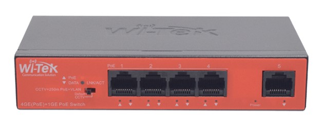 Коммутатор неуправляемый Wi-Tek WI-PS305GH PoE 45Вт, порты 4 PoE GE + 1GE, режим VLAN, Watchdog