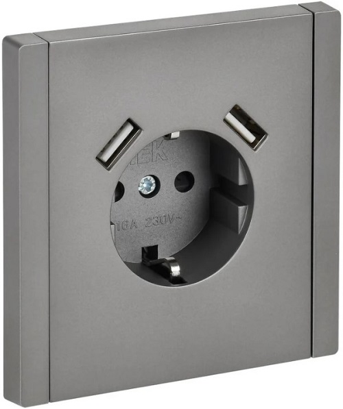 Розетка с заземлением с 2 USB IEK FP-R14-16-U21-D31-K46 FORTE&PIANO с защитными шторками в/к 16А тип A+тип A 3,1А FP545 сталь