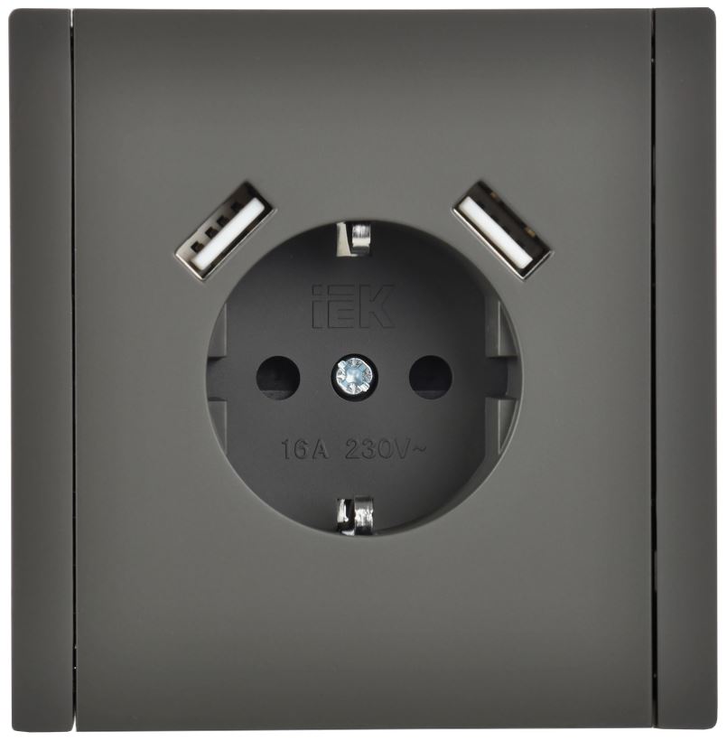Розетка с заземлением с 2 USB IEK FP-R14-16-U21-D31-K03 FORTE&PIANO с защитными шторками в/к 16А тип A+тип A 3,1А FP345 серый