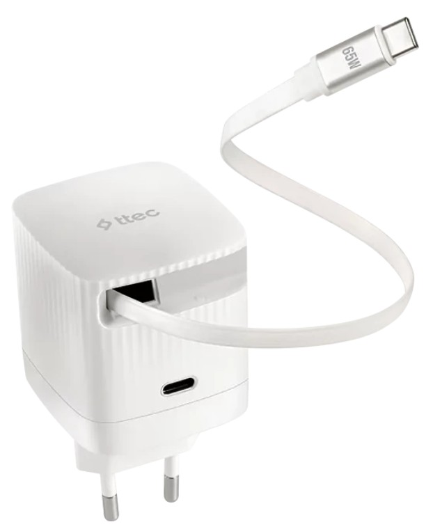 Зарядное устройство сетевое TTEC 2SCG05B SmartCharger Duo GAN 65W PD Travel Fast Charger USB-C со встроенным кабелем PD 65W USB-C. Длина кабеля: 70см.