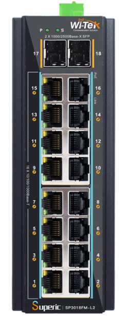 Коммутатор управляемый Wi-Tek SP3018FM-L2 промышленный L2, PoE, 16GE+2SFP 2,5Gb
