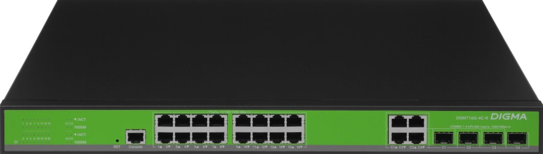 Коммутатор управляемый Digma DSW716G-4C-R (L2+) 16x1Гбит/с 4xКомбо(1000BASE-T/SFP)