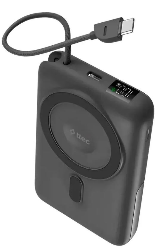 Аккумулятор внешний TTEC ReCharger M 2BB230GR LCD 10000 mAh, MagSafe PD 20W Powerbank с кабелем USB-C и подставкой, цвет: серый