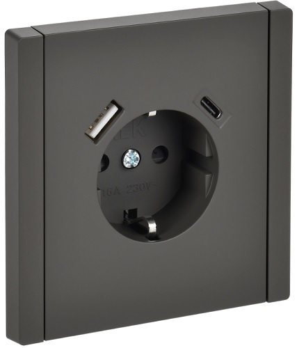 Розетка с заземлением с 2 USB IEK FP-R14-16-U22-018-K03 FORTE&PIANO с защитными шторками в/к 16А тип A+тип C 18Вт FP347 серый