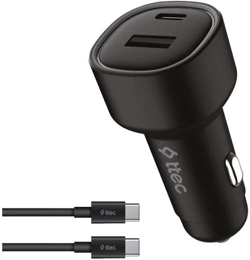 Зарядное устройство автомобильное TTEC 2CKP02CS Duo, PD 48W, USB-C+USB-A с кабелем USB-C-USB-C 3A, цвет: черный