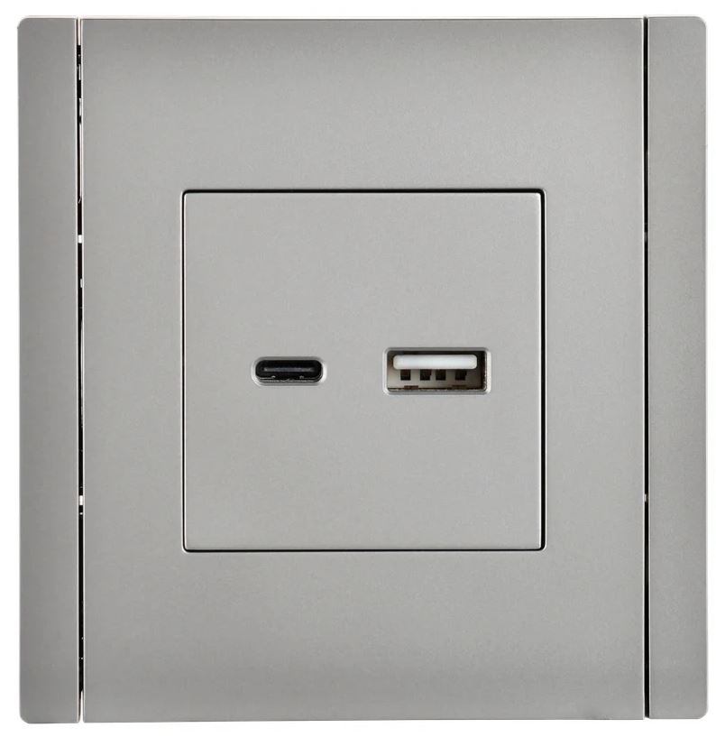 Розетка USB IEK FP-U22-018-K46 FORTE&PIANO тип A+тип C 18Вт FP551 сталь