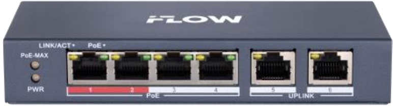 Коммутатор неуправляемый iFlow F-SW-EU206POE-V/L 4 RJ45 100M PoE с грозозащитой 6кВ, 2 Uplink порт 100М Ethernet: бюджет PoE 35Вт