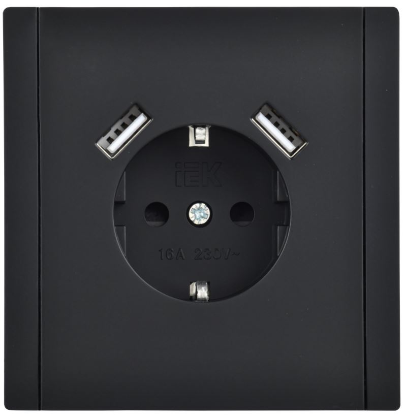 Розетка с заземлением с 2 USB IEK FP-R14-16-U21-D31-K02 FORTE&PIANO с защитными шторками в/к 16А тип A+тип A 3,1А FP145 черный