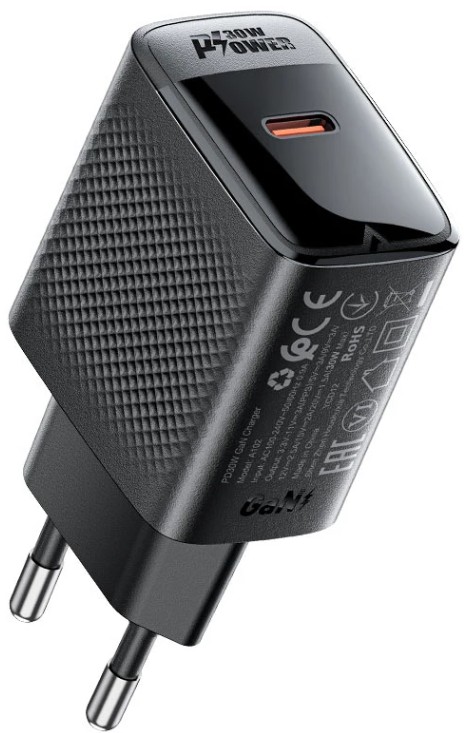Зарядное устройство сетевое ACEFAST A102 с одним портом USB-C PD30W Gan USB-C Charger (EU). Цвет: черный AF-A102-BK