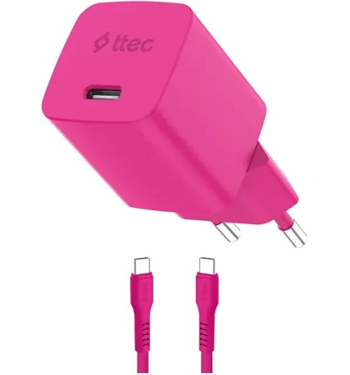 Зарядное устройство сетевое TTEC SmartCharger 2SCG45CNP GAN 45W AVS PD с кабелем USB-C - USB-C 3A. Длина кабеля: 120см. Цвет: неоновый розовый