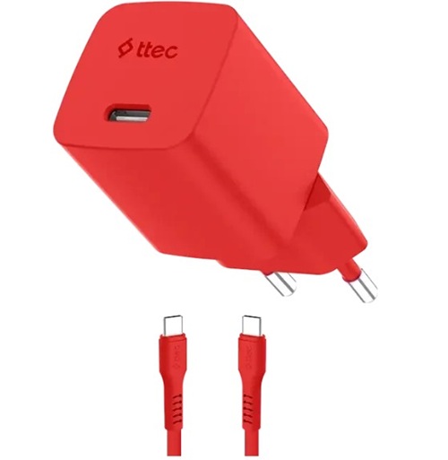 Зарядное устройство сетевое TTEC SmartCharger 2SCG45CNK GAN 45W AVS PD с кабелем USB-C - USB-C 3A. Длина кабеля: 120см. Цвет: неоновый красный