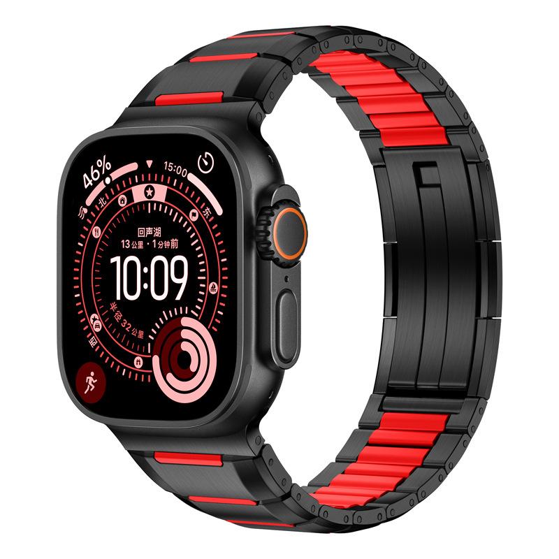 Резиновый ремешок из нержавеющей стали для Apple Watch Ultra 3 2 49 мм 46 45 44 42 41 40 38 мм Ремешок с раскладывающейся застежкой Iwatch Серии 11 10 9 8 7 6SE 38 40 41mm black Aura Living