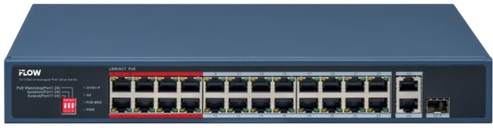 Коммутатор неуправляемый iFlow F-SW-EU426POE-V/L 24 RJ45 100M PoE с грозозащитой 6кВ, 1 Uplink порт 1000М Ethernet, 1 Uplink порт 1000М SFP, бюджет Po