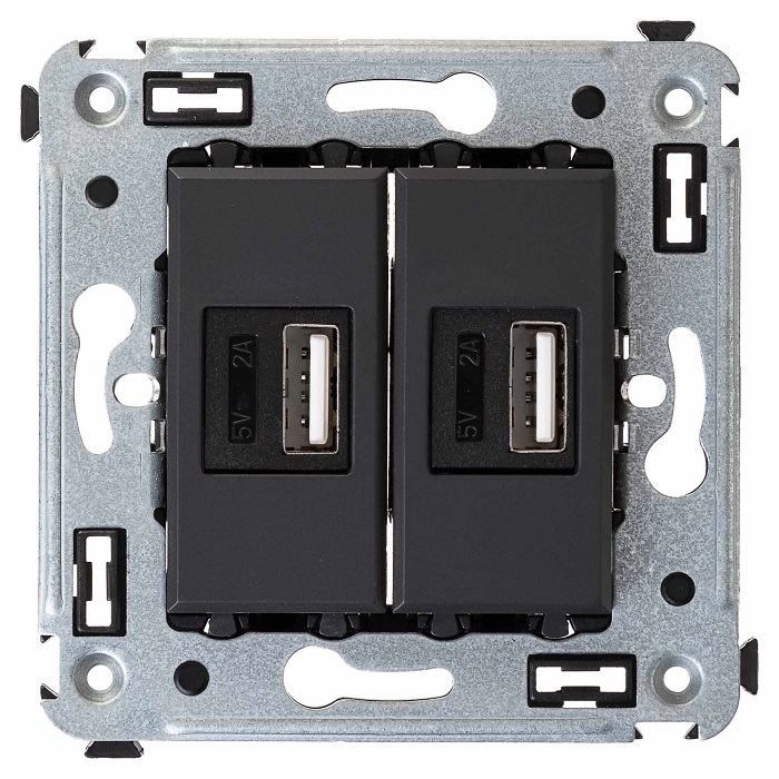 Зарядное устройство DKC 4412543 USB, в стену, "Черный матовый", 2 модуля, "Avanti"