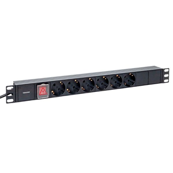 Блок розеток 19", 6 розеток EKF TRC-HPD-LS-16A-6SH-2MSH PDU TERACOM 1U 16А/250В Schuko с выключат. шнур 2 м 3x1,5 мм2 вилка Schuko корпус пластик черн