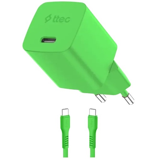 Зарядное устройство сетевое TTEC SmartCharger 2SCG45CNY GAN 45W AVS PD с кабелем USB-C - USB-C 3A. Длина кабеля: 120см. Цвет: неоновый зеленый