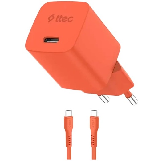 Зарядное устройство сетевое TTEC SmartCharger 2SCG45CNT GAN 45W AVS PD с кабелем USB-C - USB-C 3A. Длина кабеля: 120см. Цвет: неоновый оранжевый