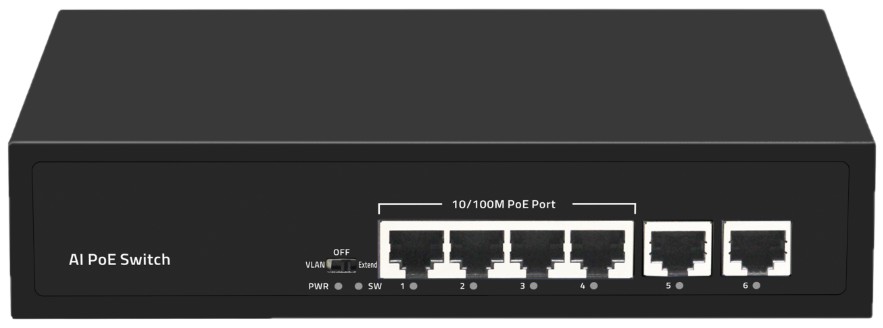 Коммутатор неуправляемый NIKOMAX GL-SW-F007-04P PoE, 4*10/100 Мбит/с PoE (802.3af/at), 1-4 порт до 250 метров cat6, 2*100 Мбит/с Base-T, PoE Watchdog,