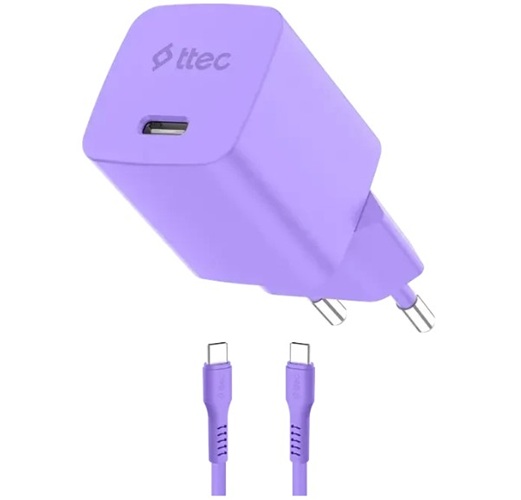 Зарядное устройство сетевое TTEC SmartCharger 2SCG45CNMR GAN 45W AVS PD с кабелем USB-C - USB-C 3A. Длина кабеля: 120см. Цвет: неоновый фиолетовый