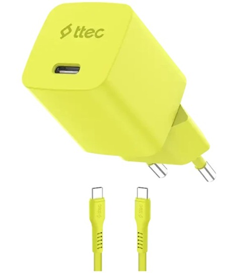 Зарядное устройство сетевое TTEC SmartCharger 2SCG45CNS GAN 45W AVS PD с кабелем USB-C - USB-C 3A. Длина кабеля: 120см. Цвет: неоновый желтый
