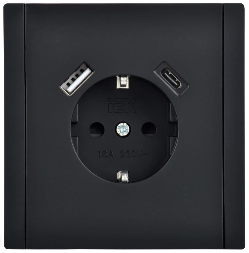 Розетка с заземлением с 2 USB IEK FP-R14-16-U22-018-K02 FORTE&PIANO с защитными шторками в/к 16А тип A+тип C 18Вт FP147 черный
