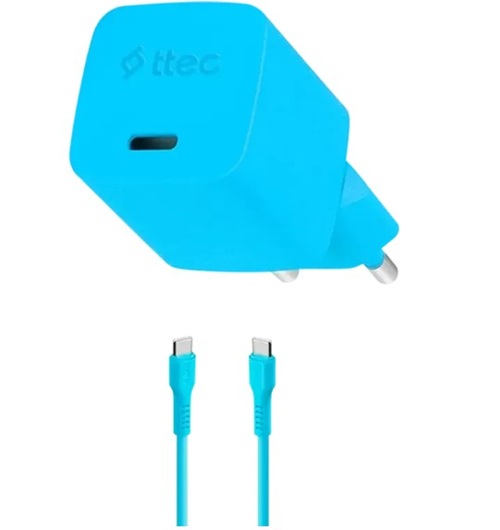 Зарядное устройство сетевое TTEC SmartCharger 2SCG20CNM GAN 20W PD USB-C с кабелем USB-C - USB-C 3A. Длина кабеля: 120см. Цвет: неоновый голубой
