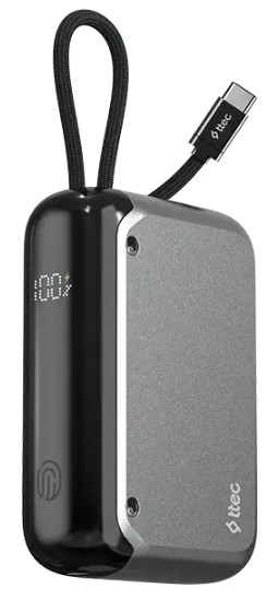 Аккумулятор внешний портативный TTEC ReCharger 2BB228UG LCD 10.000mAh USB-C and USB-A PD 33W со встроенным кабелем USB-C. Цвет: черный