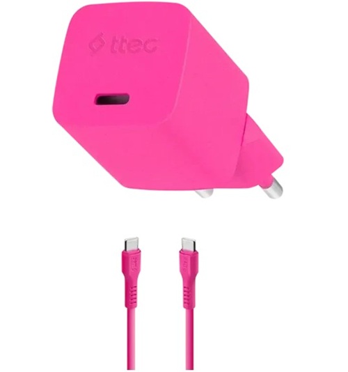 Зарядное устройство сетевое TTEC SmartCharger 2SCG20CNP GAN 20W PD USB-C с кабелем USB-C - USB-C 3A. Длина кабеля: 120см. Цвет: неоновый розовый