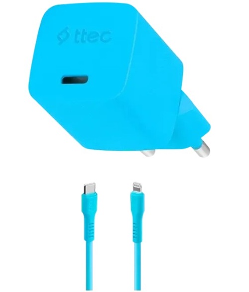 Зарядное устройство TTEC SmartCharger 2SCG20LNM USB-C 20W PD GaN с кабелем USB-C To Lightning. Длина кабеля: 120см. Цвет: голубой