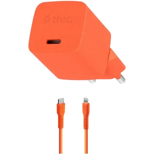 Зарядное устройство сетевое TTEC SmartCharger 2SCG20LNT GAN 20W PD USB-C с кабелем USB-C - Lightning. Длина кабеля: 120 см. Цвет: неоновый оранжевый